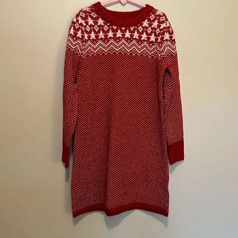 Evsie Girl’s Red Chevron Long Sleeve Crew Neck Sweater Dress Small NWT